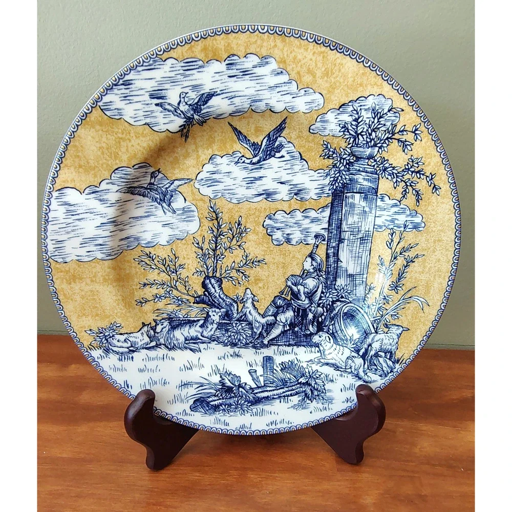 Set of 3 American Atelier Porcelain Salad Plates English Toile Blue Deco 5076